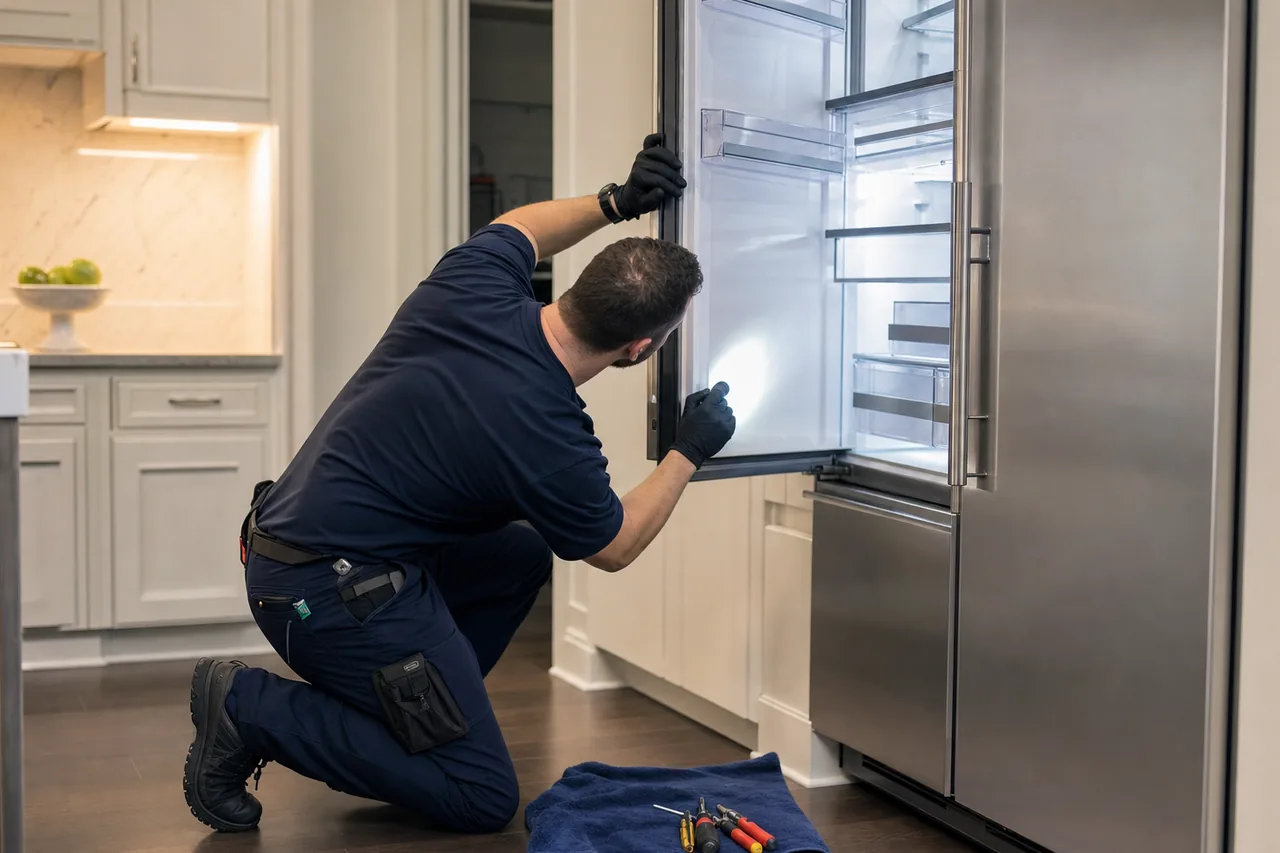 Technician repairing a built-in refrigerator mid-repair