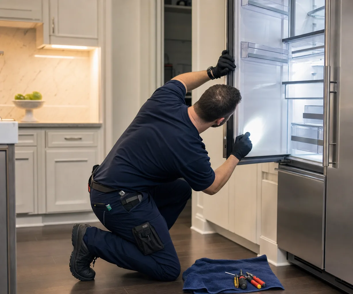 Technician repairing a built-in refrigerator up close