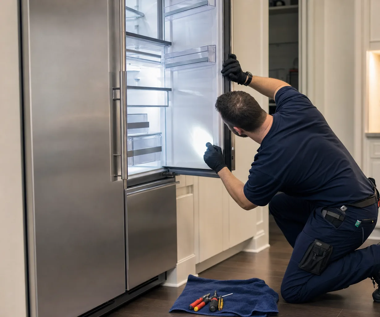 Technician repairing a built-in refrigerator up close
