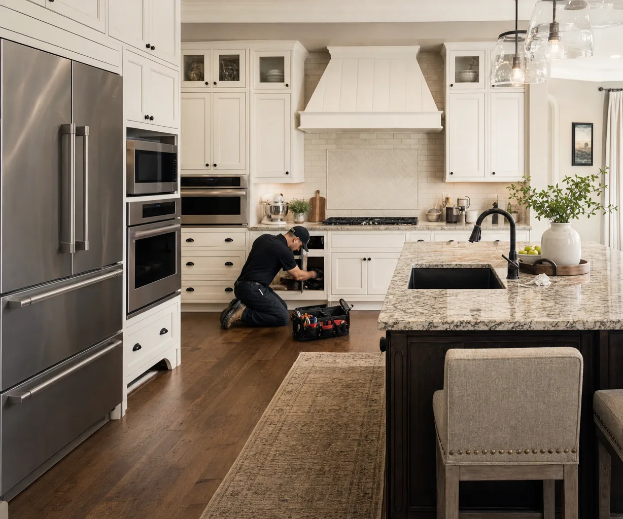 A luxury kitchen with built-in stainless appliances up close