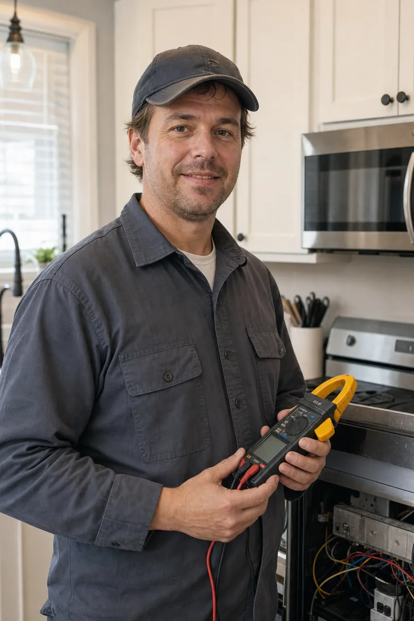 An appliance repair technician in a Port Washington kitchen holding a multimeter