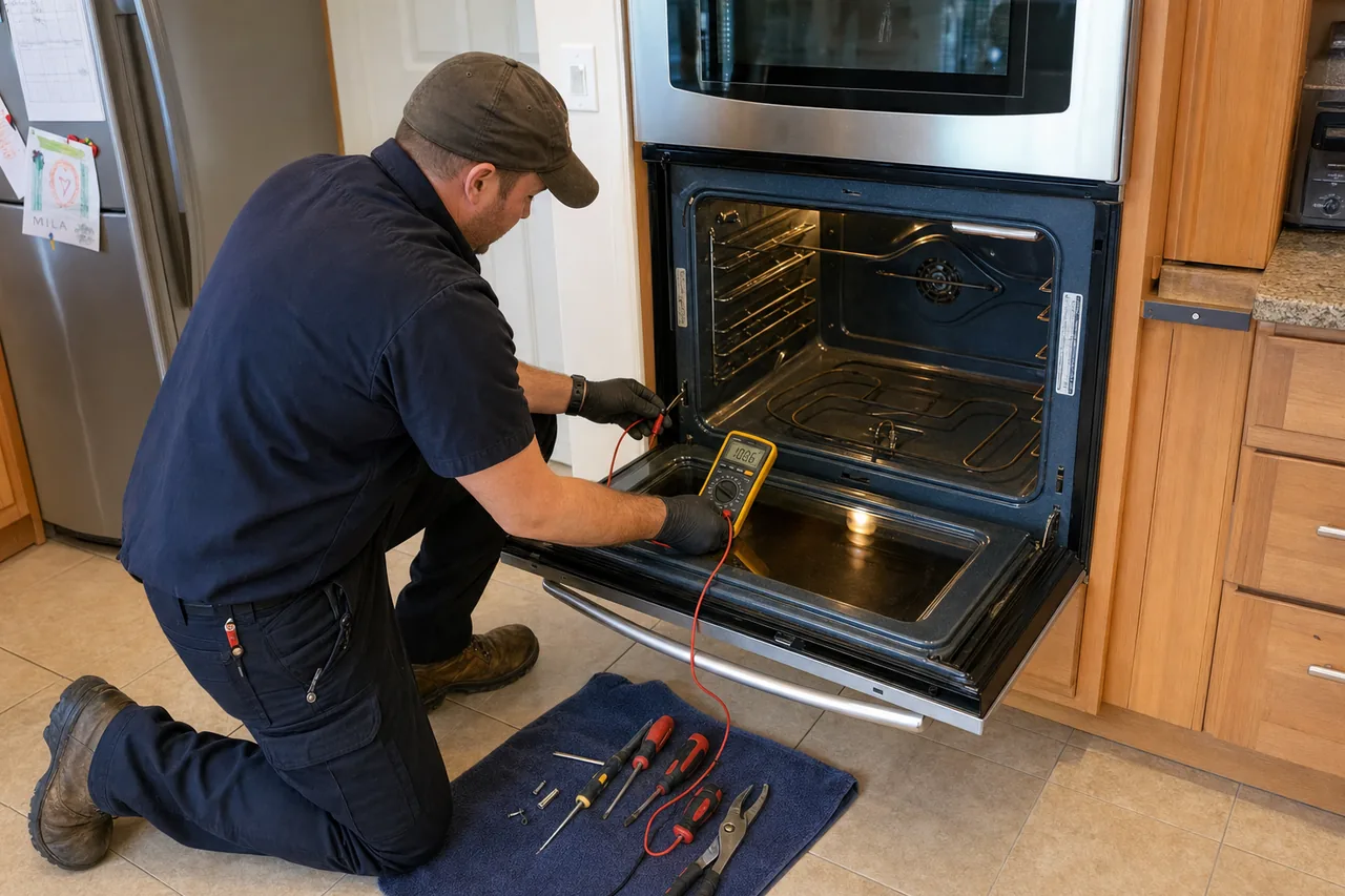 Technician servicing a built-in wall oven up close