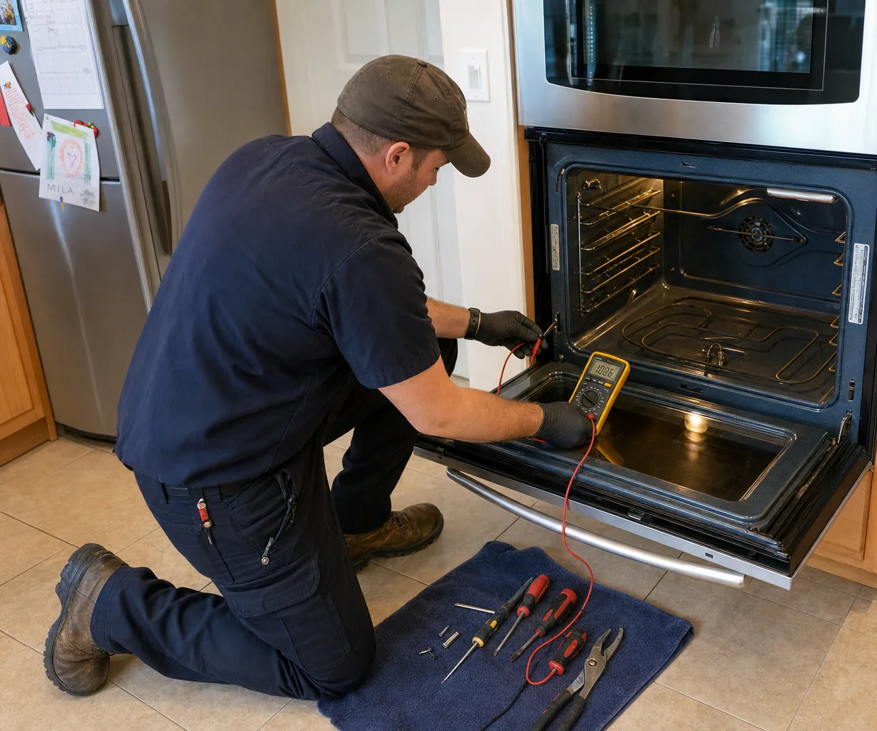 Technician servicing a built-in wall oven up close