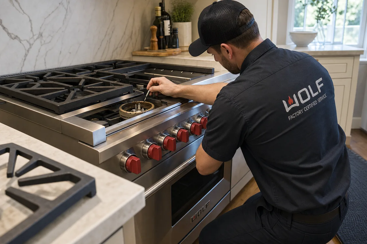 Technician servicing a stainless Wolf range on a same-day visit