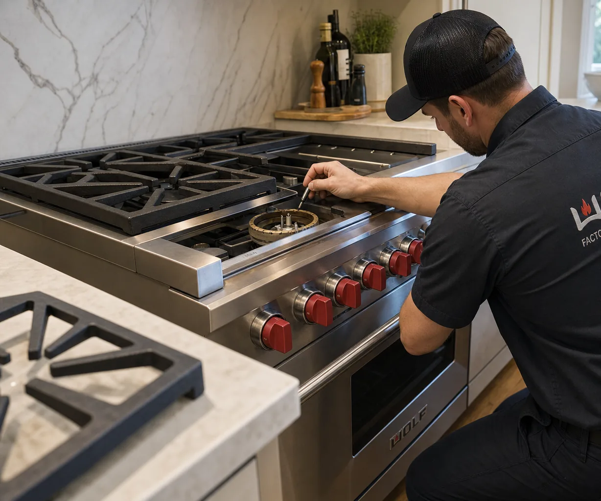 Technician servicing a stainless Wolf range in a Port Washington kitchen